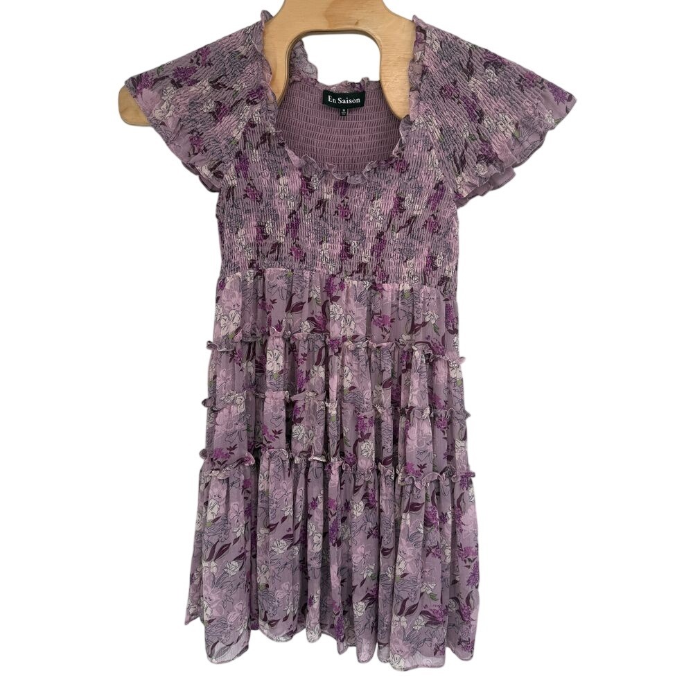 En Saison Luiciate Floral Lavender Smocked Bodice Mini Dress‎ Women's Sz M NWOT